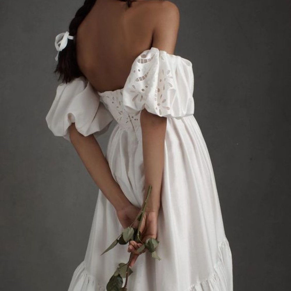 BHLDN Marina Wedding Gown Size 6 Off Shoulder Puffed Sleeve Sample - Picture 3 of 11